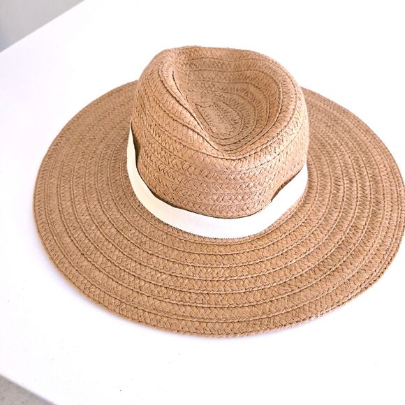 Madewell Tan Straw Packable Wide Brim Hat S/M Warm Nutmeg with White Band - Picture 3 of 8
